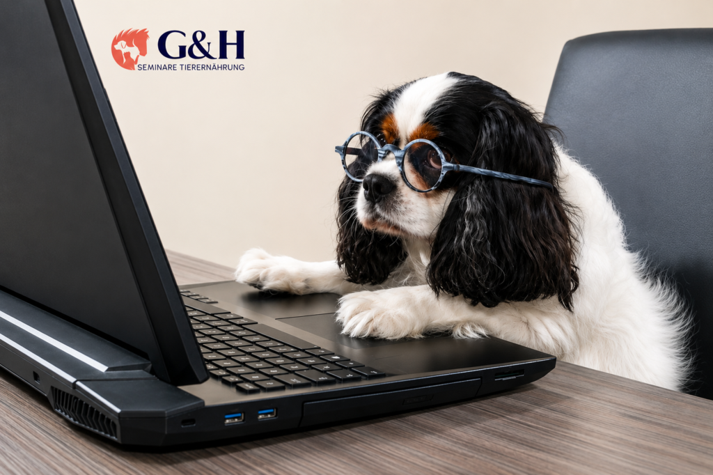 ein Cavalier King Spaniel sitzt am Laptop