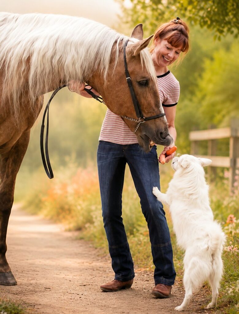 Hund und Pferd möchten die Karotte